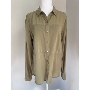 Spanx Women M Silk Button Down Shirt in Army Olive Green Long Sleeve Classic Lux